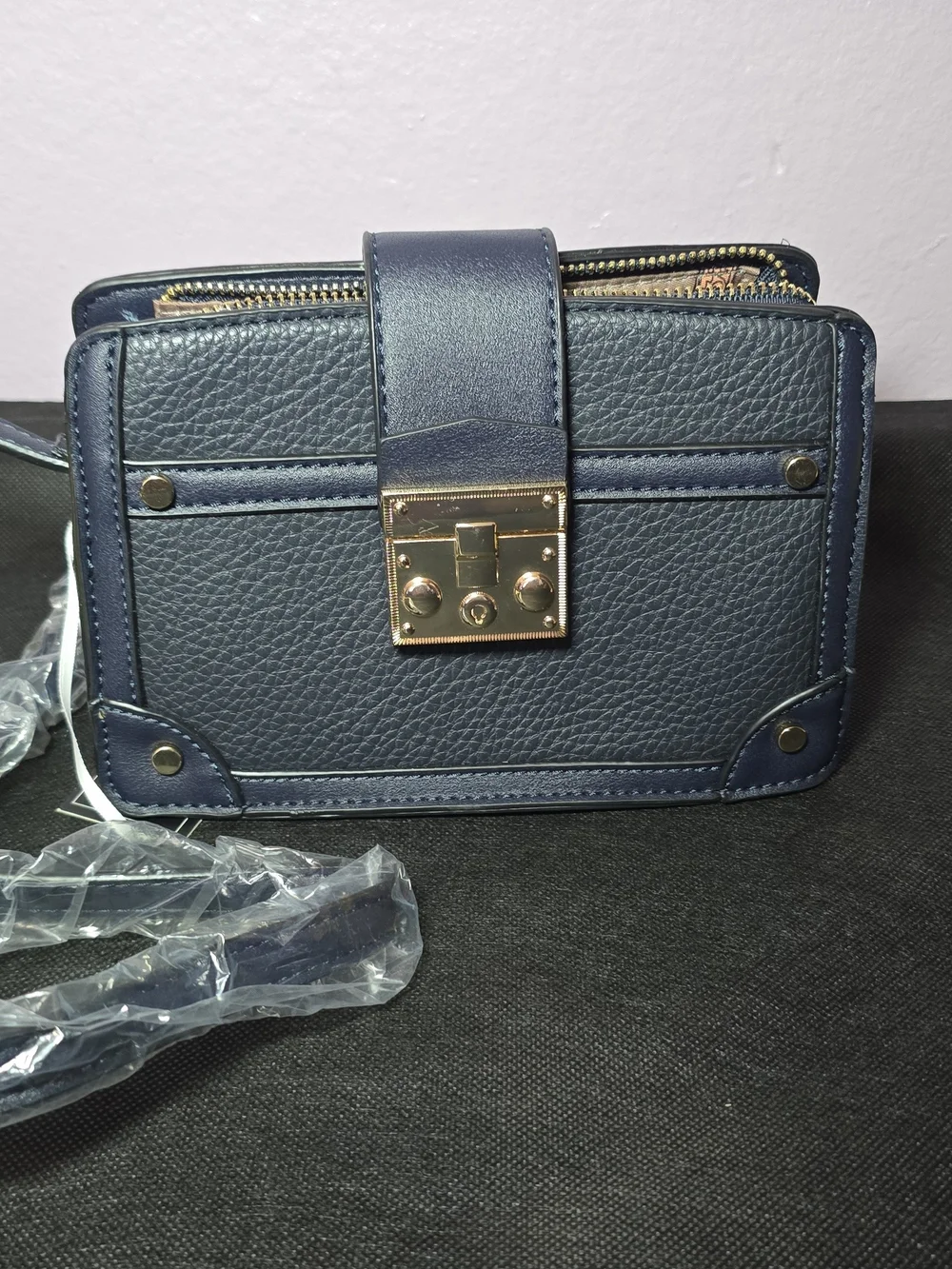 Structured Navy Mini Crossbody Bag with Gold Lock